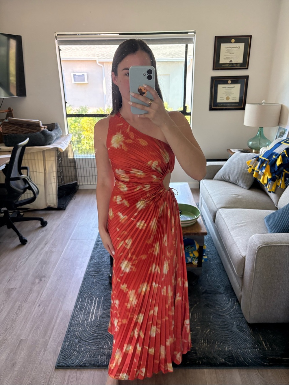 Hello Molly Satin Red One-Shoulder Cutout Pleated Maxi